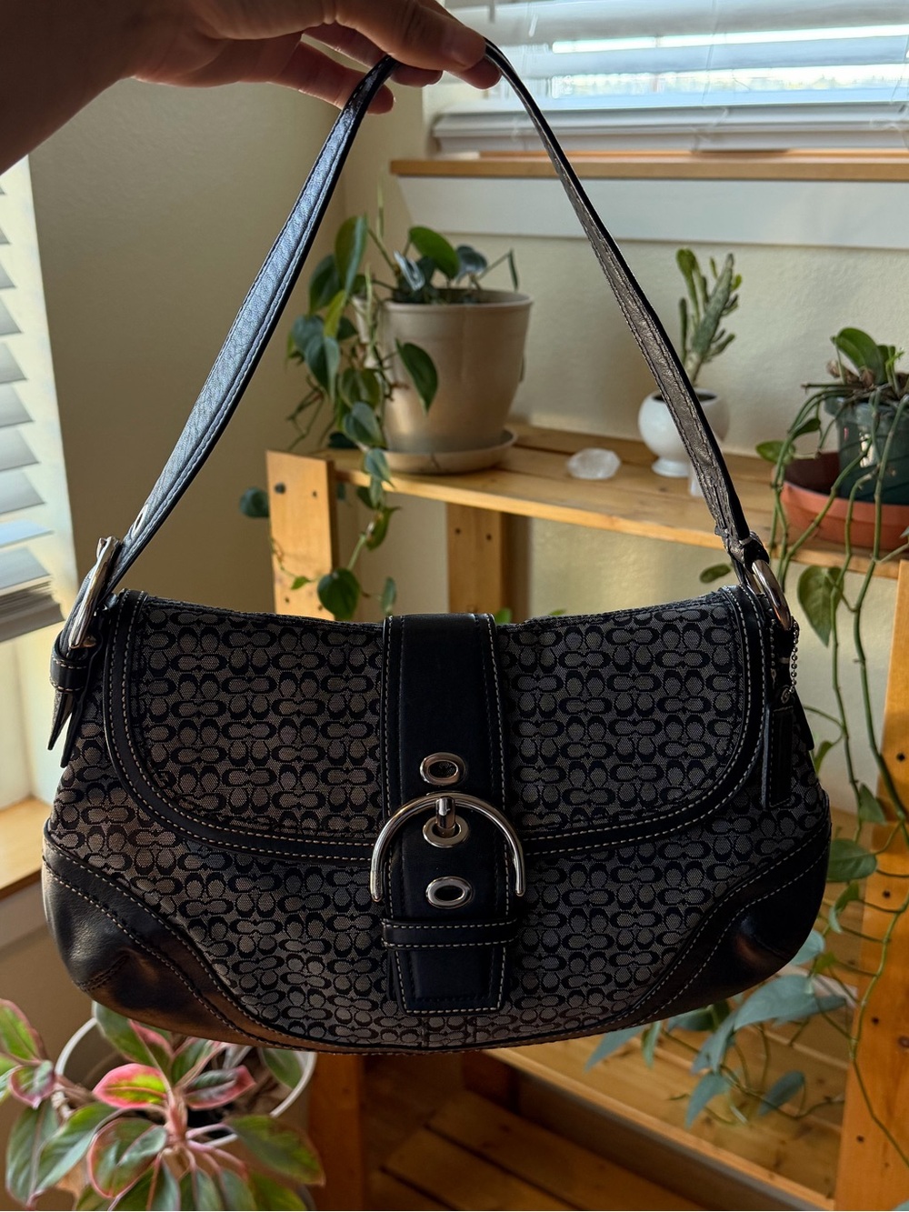 Coach Black Signature Print Buckle Shoulder Bag